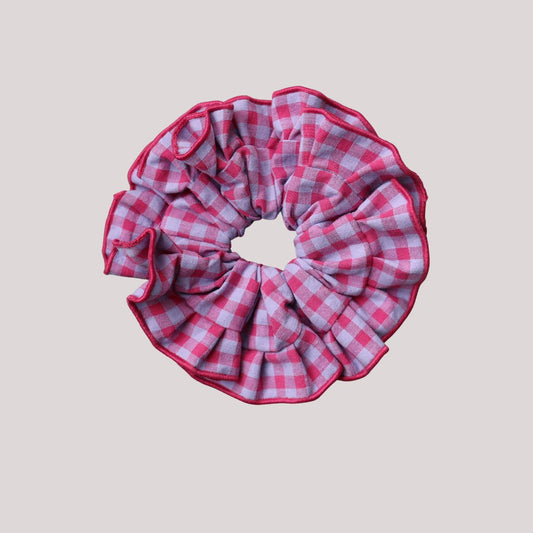 Scrunchie Folho Cotton em Vichy Lavanda e Cor-de-Rosa