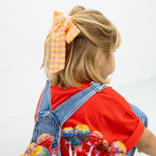 Laço Vitória Kids em Vichy Amarelo e Cor-de-Rosa