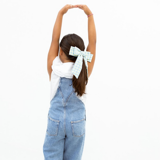 Laço Vitória Kids em Vichy Azul e Amarelo