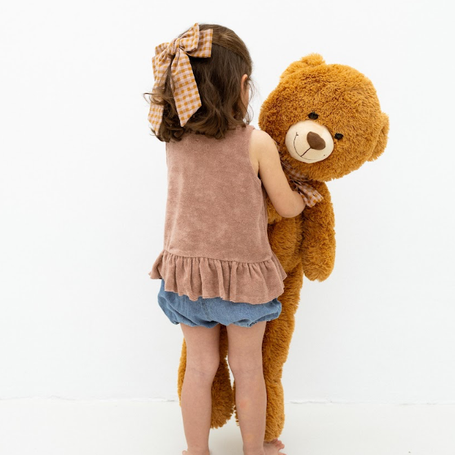 Laço Vitória Kids em Vichy Caramelo e Cor-de-Rosa Velho