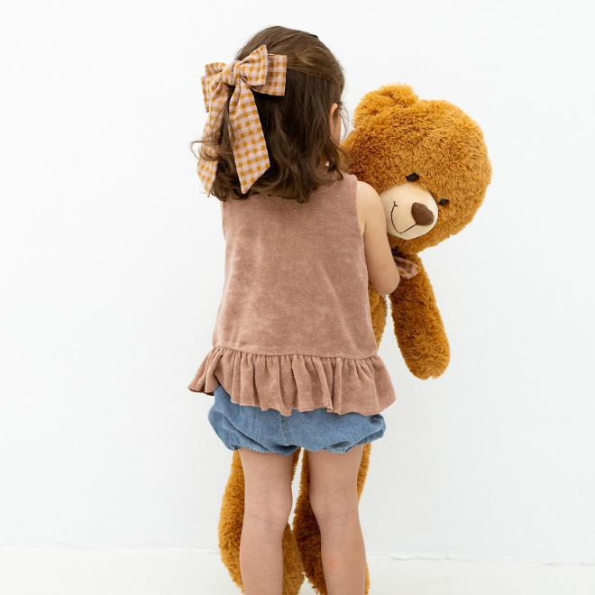 Laço Vitória Kids em Vichy Caramelo e Cor-de-Rosa Velho